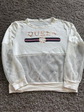 QUEEN Metallic Logo White Mesh-Panel Sweatshirt